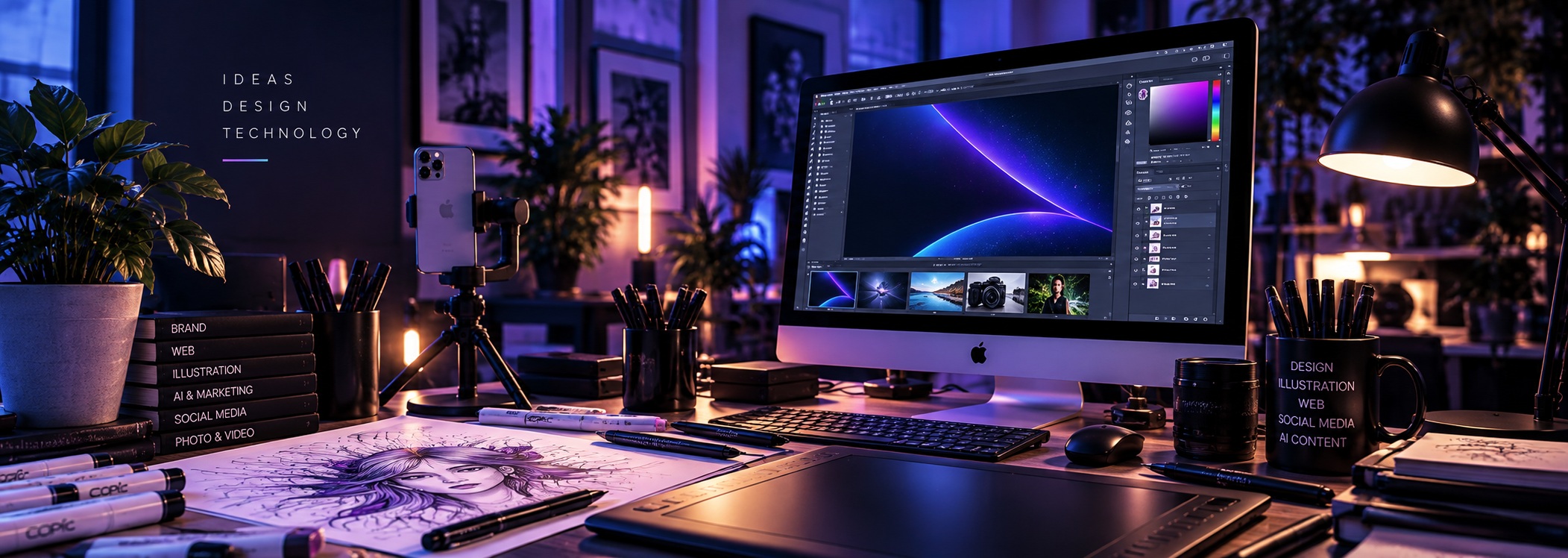 Workspace creativo con strumenti di progettazione, illustrazione e produzione digitale